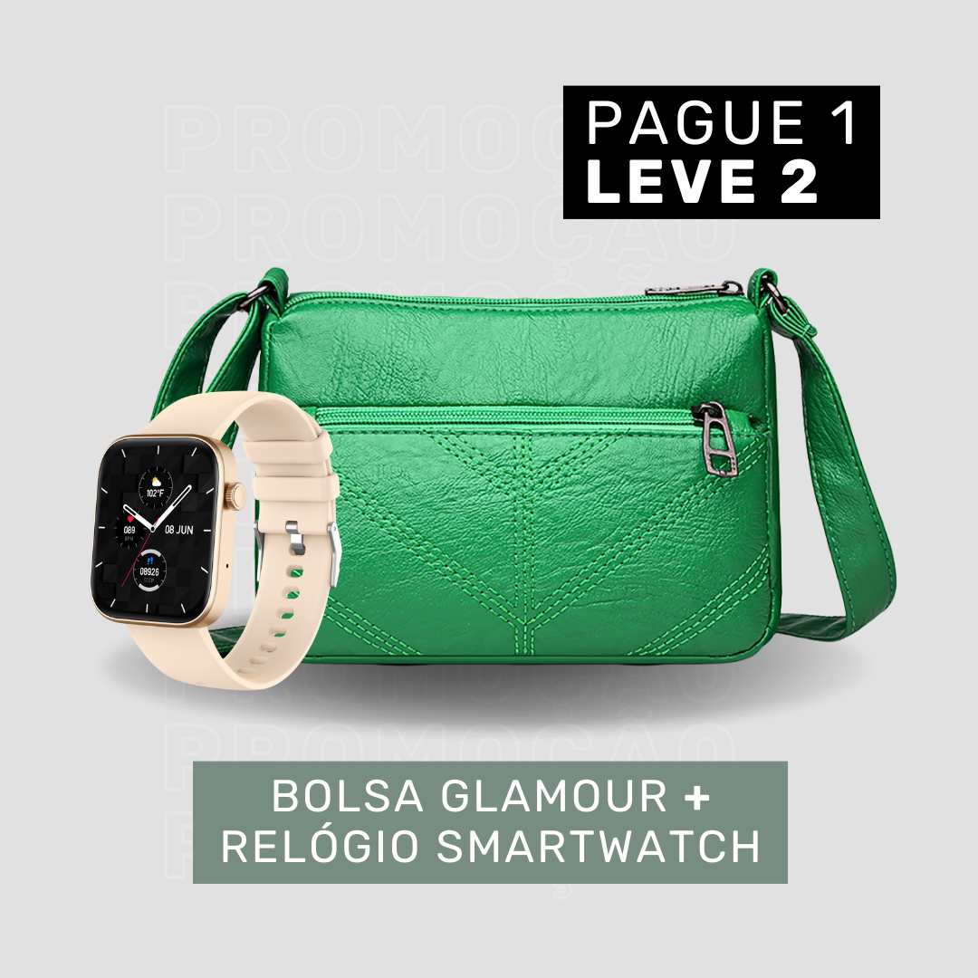 Bolsa de Couro Legítimo Feminina Transversal - Glamour + Smartwatch (brinde grátis)