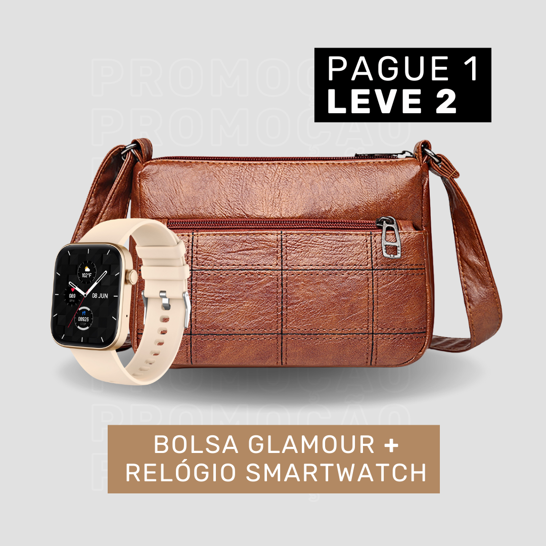 Bolsa de Couro Legítimo Feminina Transversal - Glamour + Smartwatch (brinde grátis)
