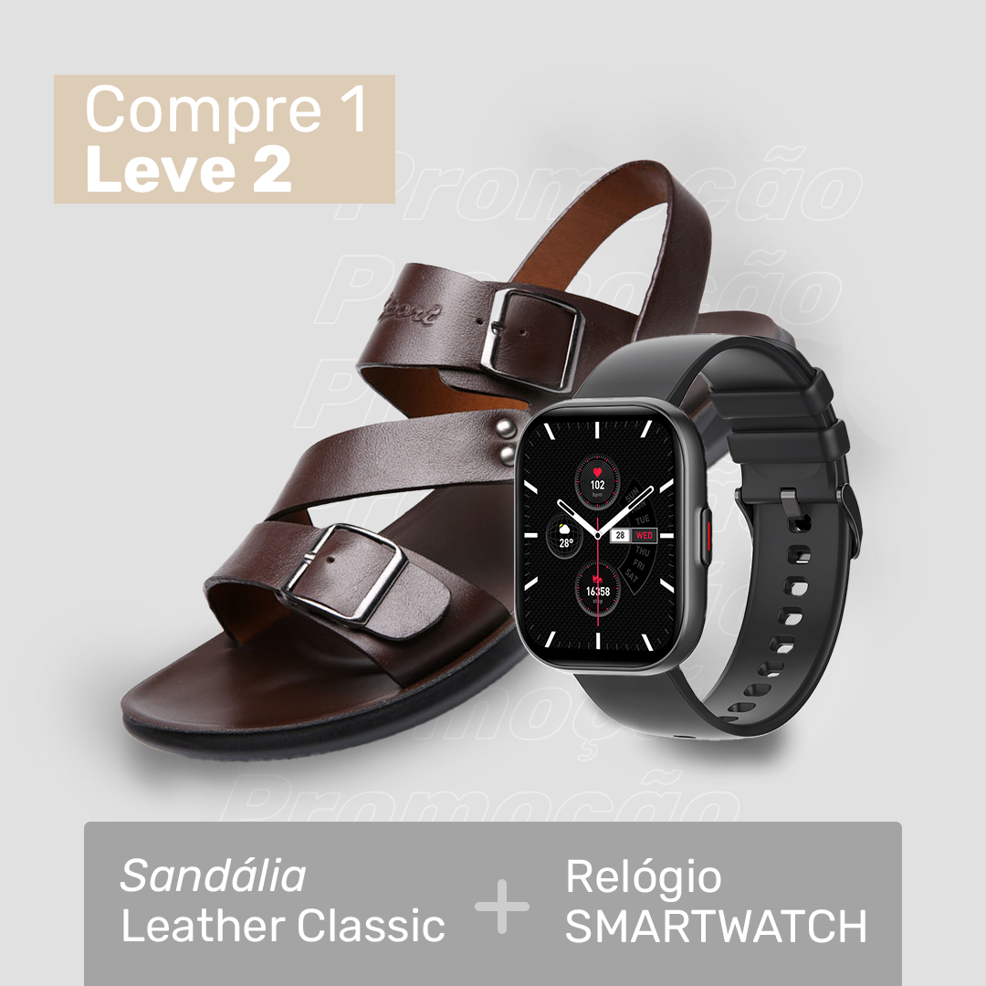 Sandália Masculina de Couro Legítimo - Leather Classic + Smartwatch (brinde grátis)