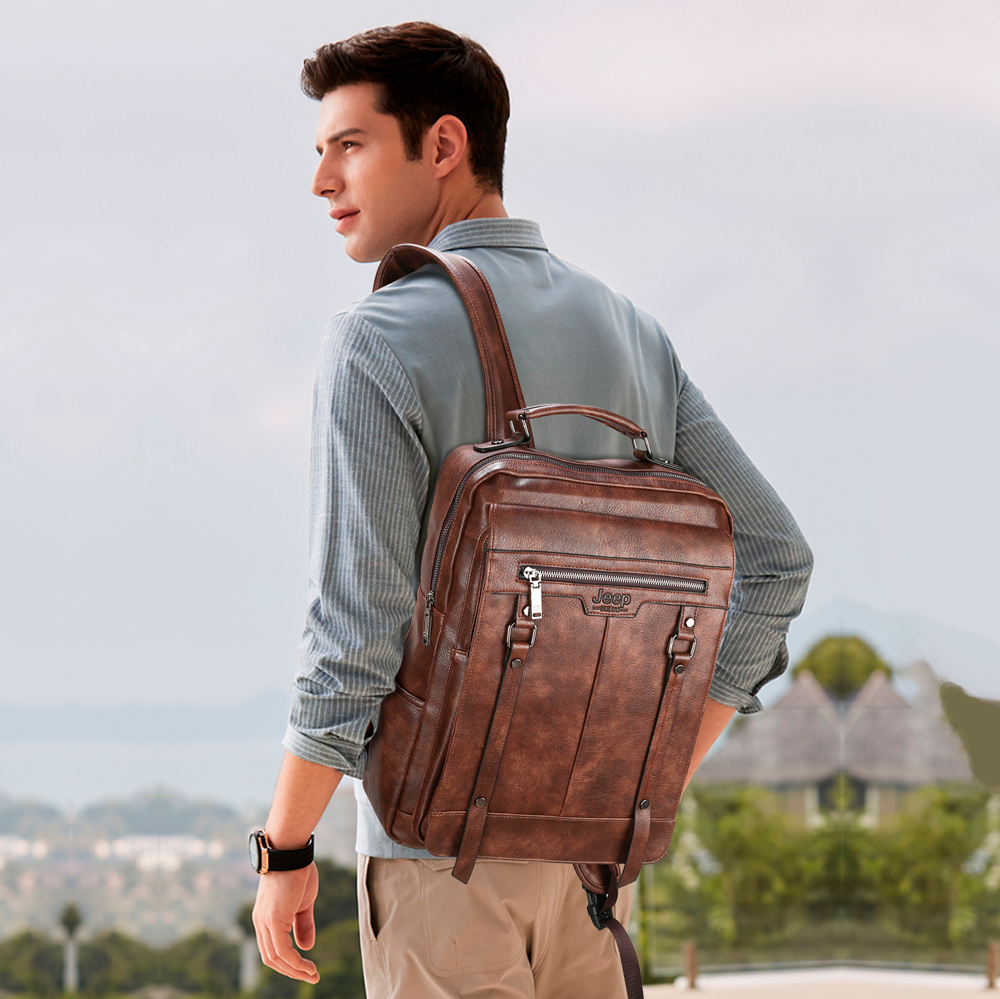 Mochila Masculina De Couro Legítimo Clássica- Jeep Buluo