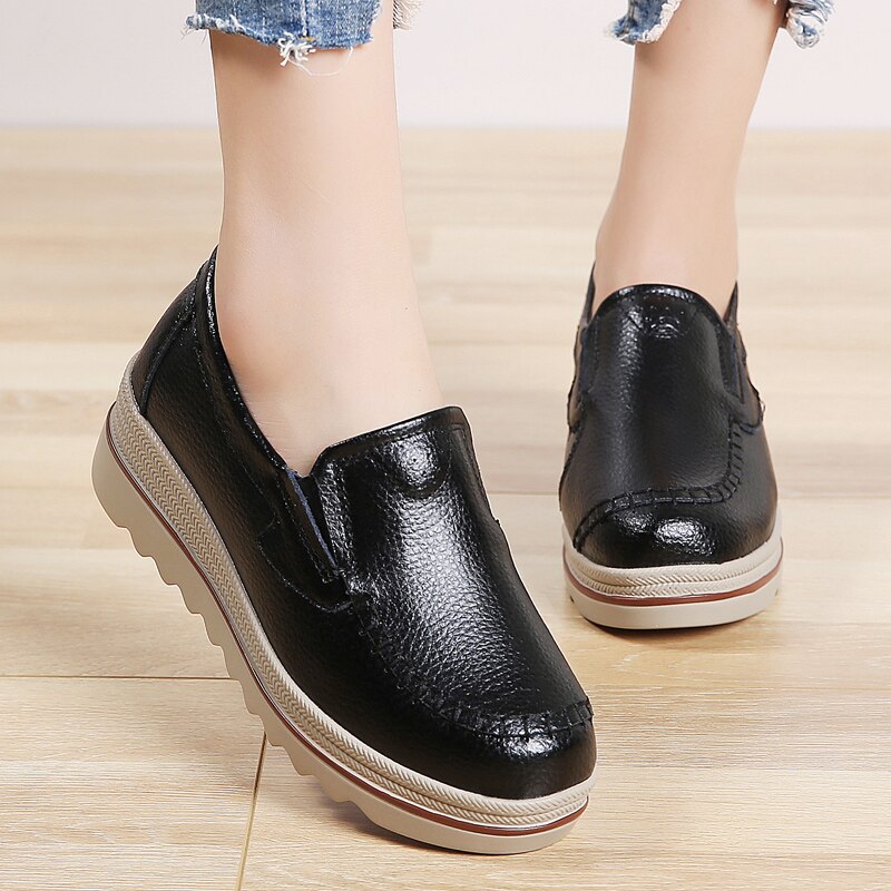 Mocassim De Couro Legítimo Feminino Salto Plataforma Slip On - Day Flex