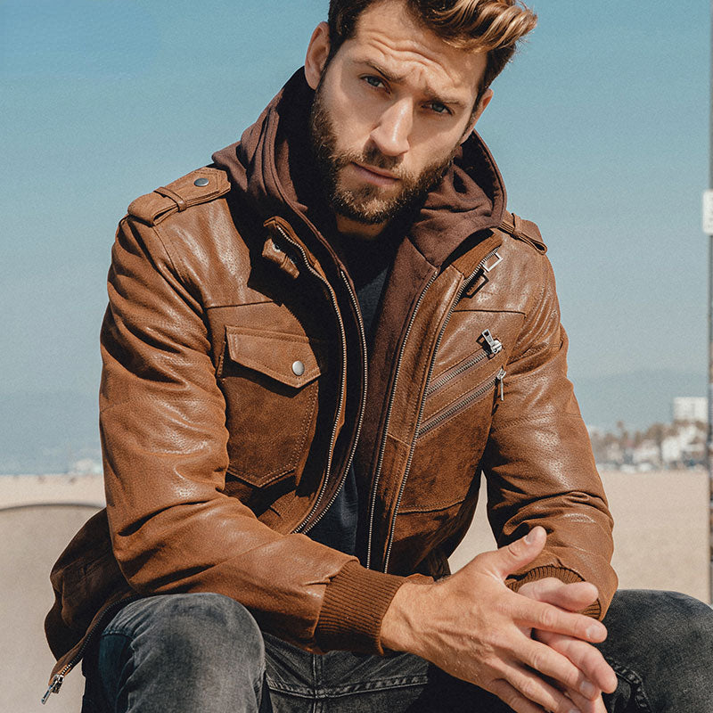 Jaqueta de Couro Masculina Com Capuz Removível - Leather Elegance