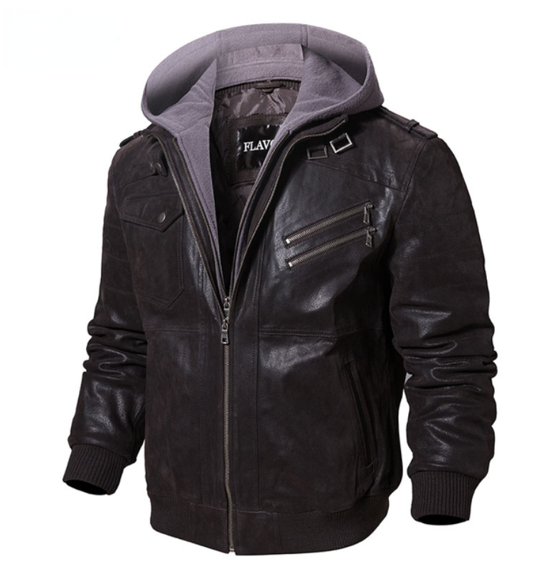 Jaqueta de Couro Masculina Com Capuz Removível - Leather Elegance