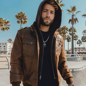 Jaqueta de Couro Masculina Com Capuz Removível - Leather Elegance